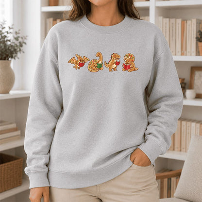 Four Gingerbread Dinosaur Reading Printed Sweatshirt | Christmas Reading Gift Sport Grey