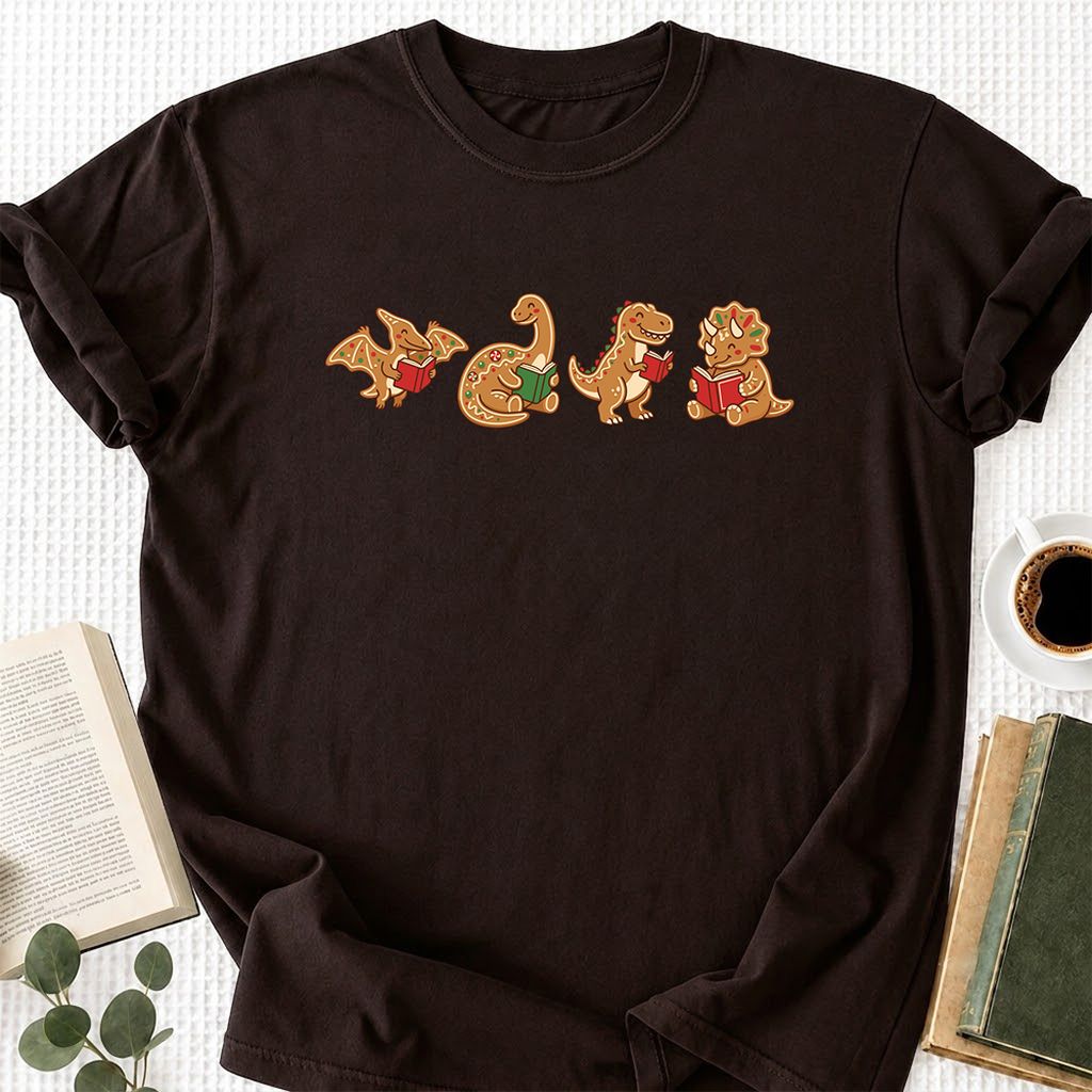 Four Gingerbread Dinosaur Reading Printed T-Shirt | Christmas Reading Gift Dark Chocolate