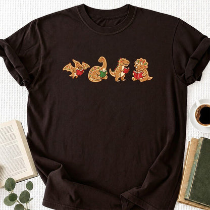 Four Gingerbread Dinosaur Reading Printed T-Shirt | Christmas Reading Gift Dark Chocolate