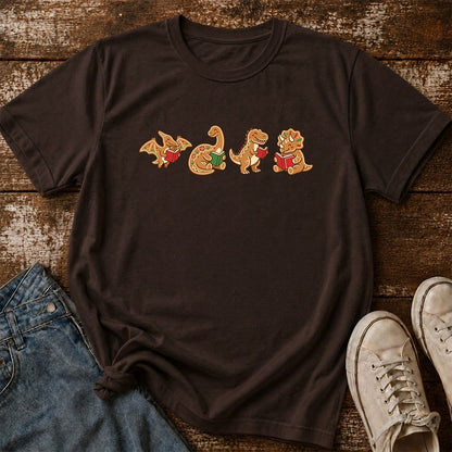 Four Gingerbread Dinosaur Reading Printed T-Shirt | Christmas Reading Gift Dark Chocolate