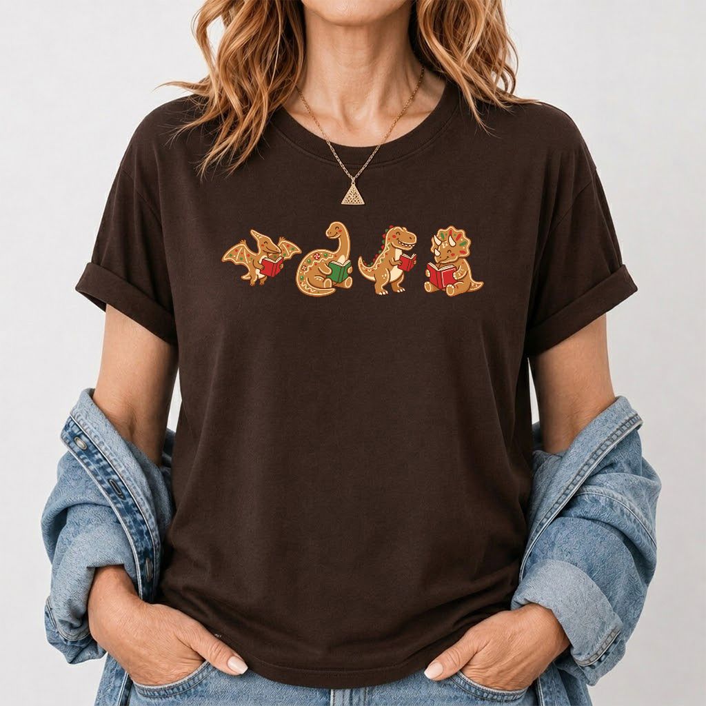 Four Gingerbread Dinosaur Reading Printed T-Shirt | Christmas Reading Gift Dark Chocolate
