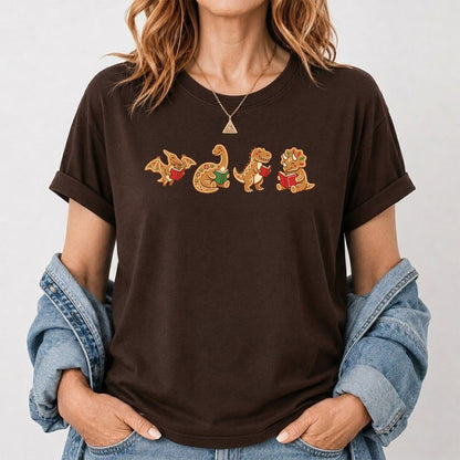Four Gingerbread Dinosaur Reading Printed T-Shirt | Christmas Reading Gift Dark Chocolate