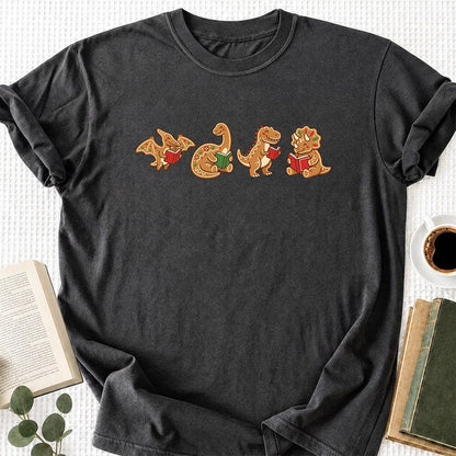 Four Gingerbread Dinosaur Reading Printed T-Shirt | Christmas Reading Gift Dark Heather