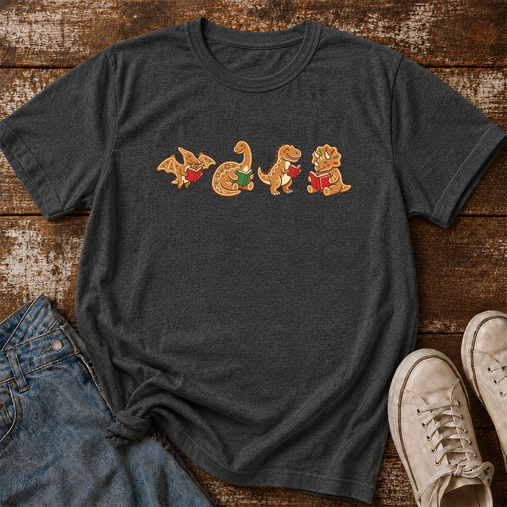 Four Gingerbread Dinosaur Reading Printed T-Shirt | Christmas Reading Gift Dark Heather