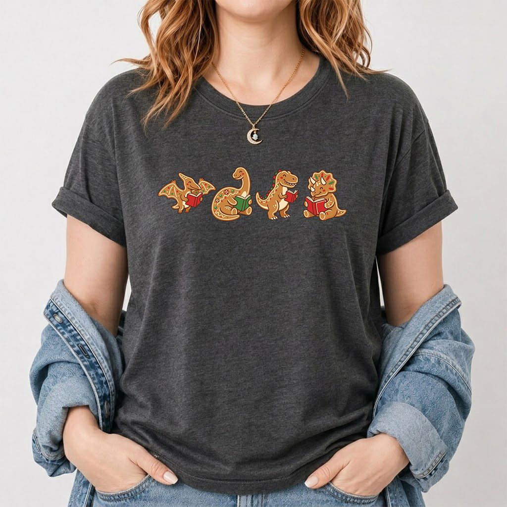 Four Gingerbread Dinosaur Reading Printed T-Shirt | Christmas Reading Gift Dark Heather