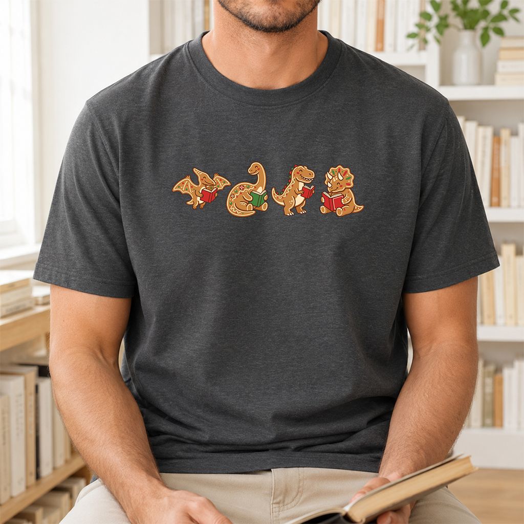 Four Gingerbread Dinosaur Reading Printed T-Shirt | Christmas Reading Gift Dark Heather