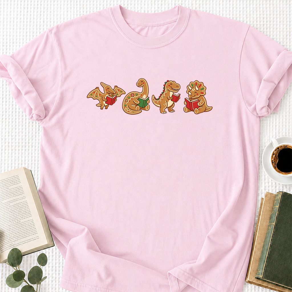 Four Gingerbread Dinosaur Reading Printed T-Shirt | Christmas Reading Gift Light Pink