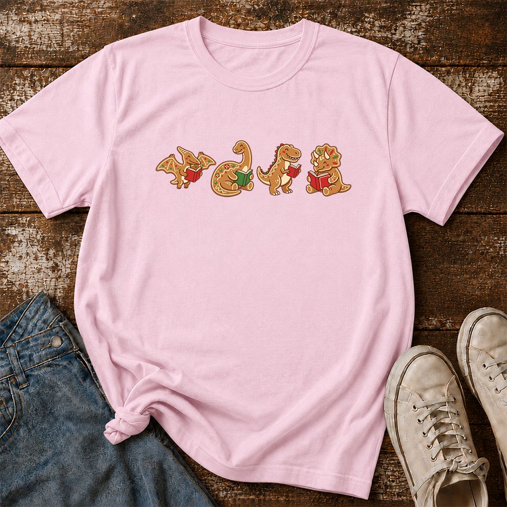 Four Gingerbread Dinosaur Reading Printed T-Shirt | Christmas Reading Gift Light Pink