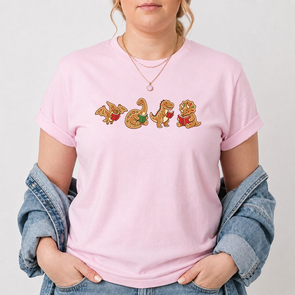 Four Gingerbread Dinosaur Reading Printed T-Shirt | Christmas Reading Gift Light Pink