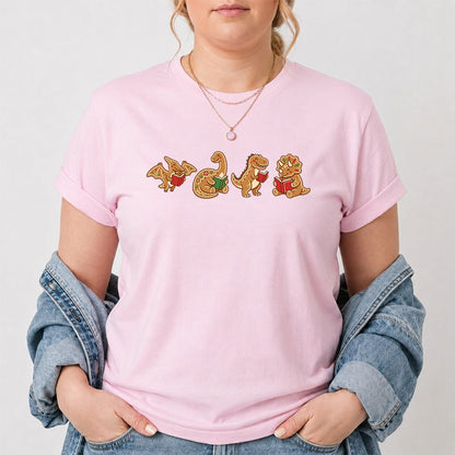 Four Gingerbread Dinosaur Reading Printed T-Shirt | Christmas Reading Gift Light Pink