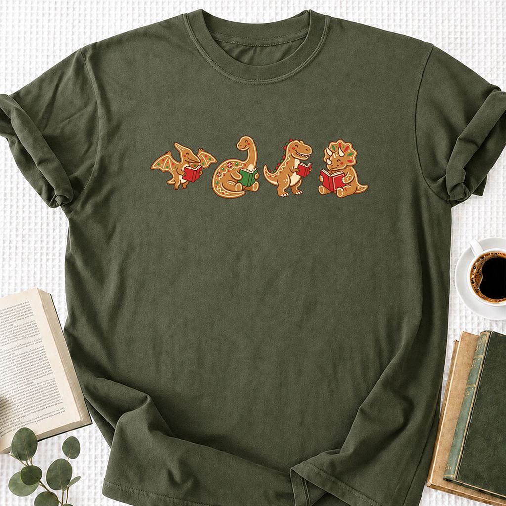 Four Gingerbread Dinosaur Reading Printed T-Shirt | Christmas Reading Gift Military Green
