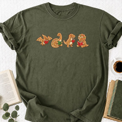 Four Gingerbread Dinosaur Reading Printed T-Shirt | Christmas Reading Gift Military Green