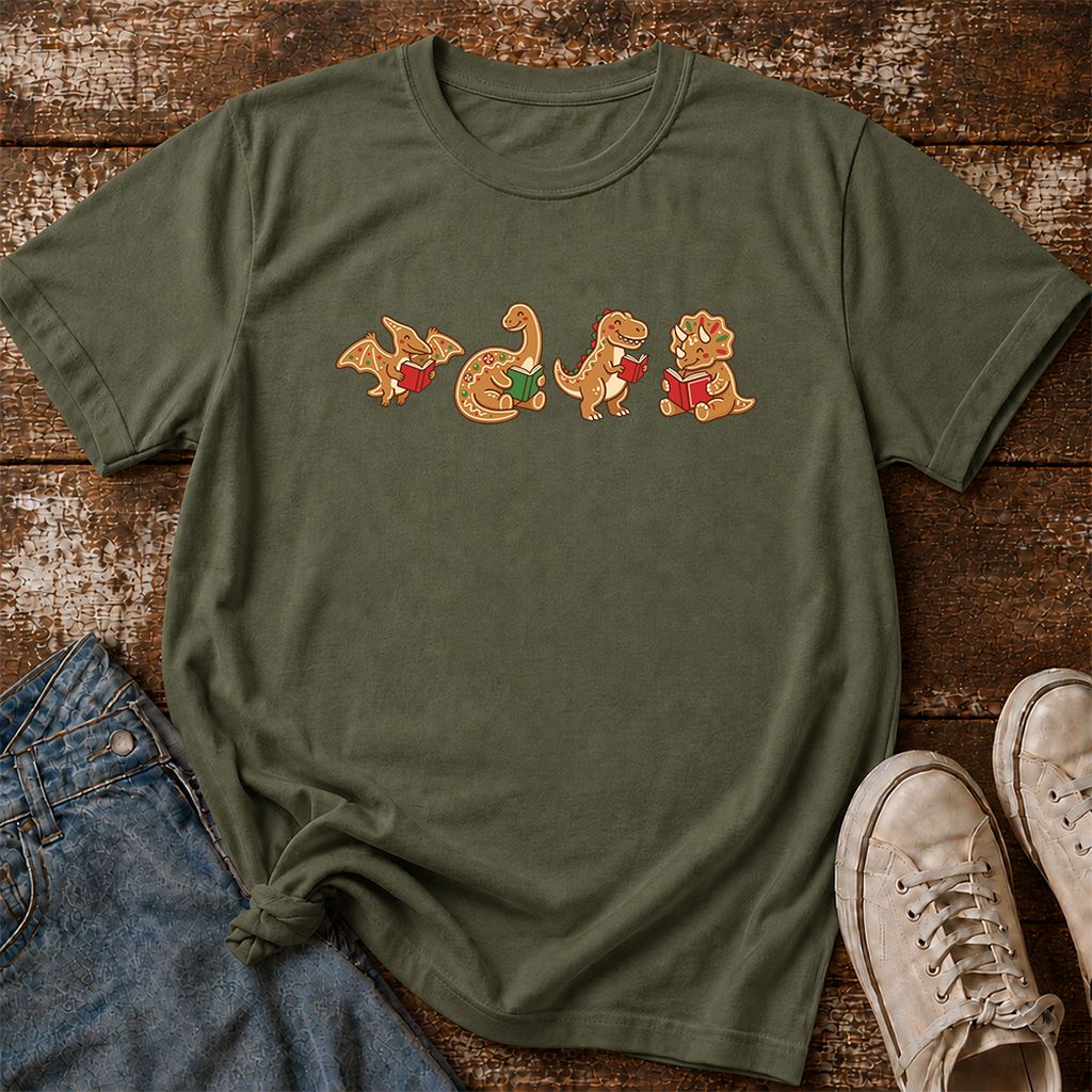 Four Gingerbread Dinosaur Reading Printed T-Shirt | Christmas Reading Gift Military Green