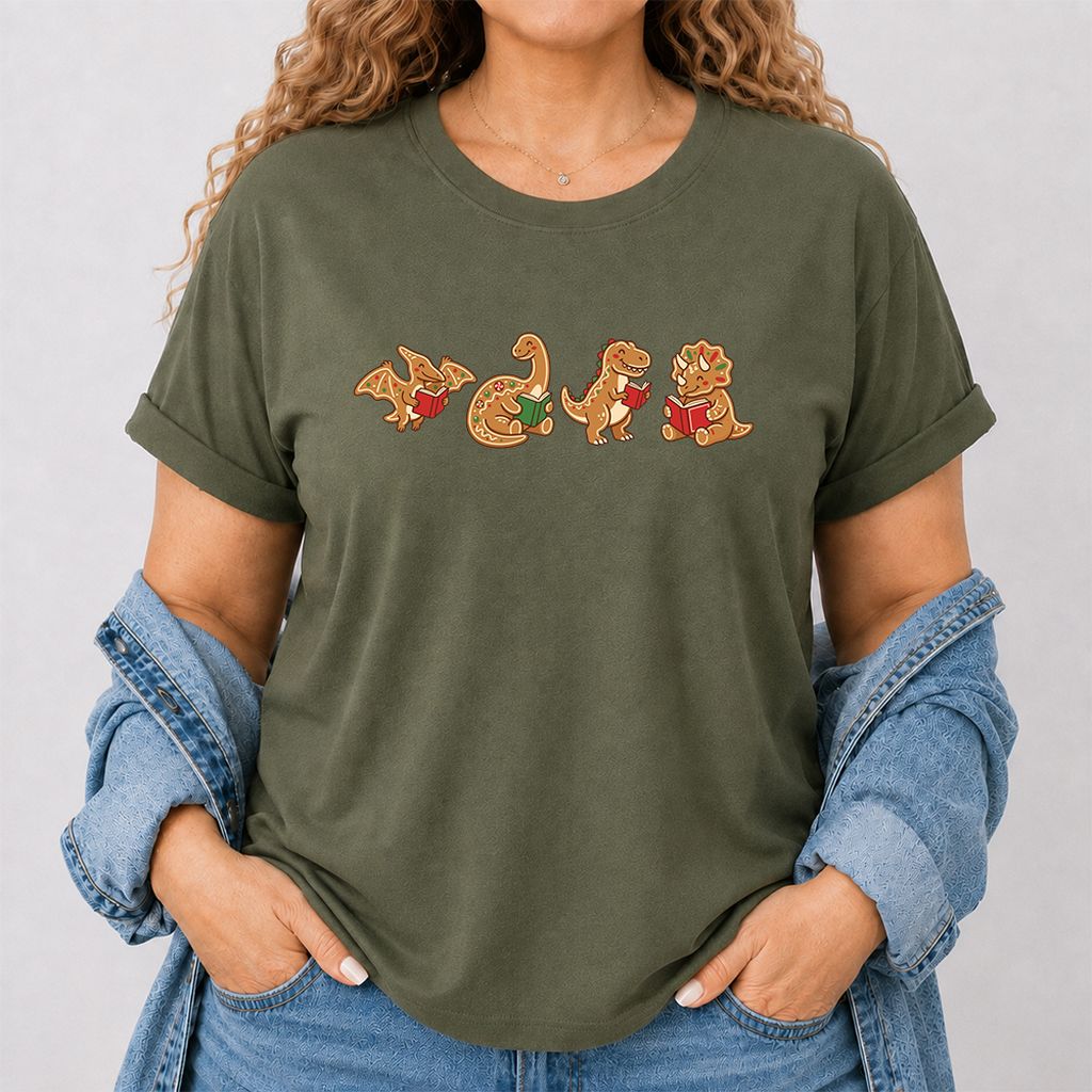 Four Gingerbread Dinosaur Reading Printed T-Shirt | Christmas Reading Gift Military Green