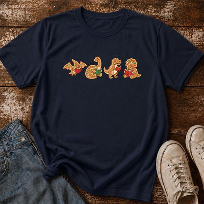 Four Gingerbread Dinosaur Reading Printed T-Shirt | Christmas Reading Gift Navy