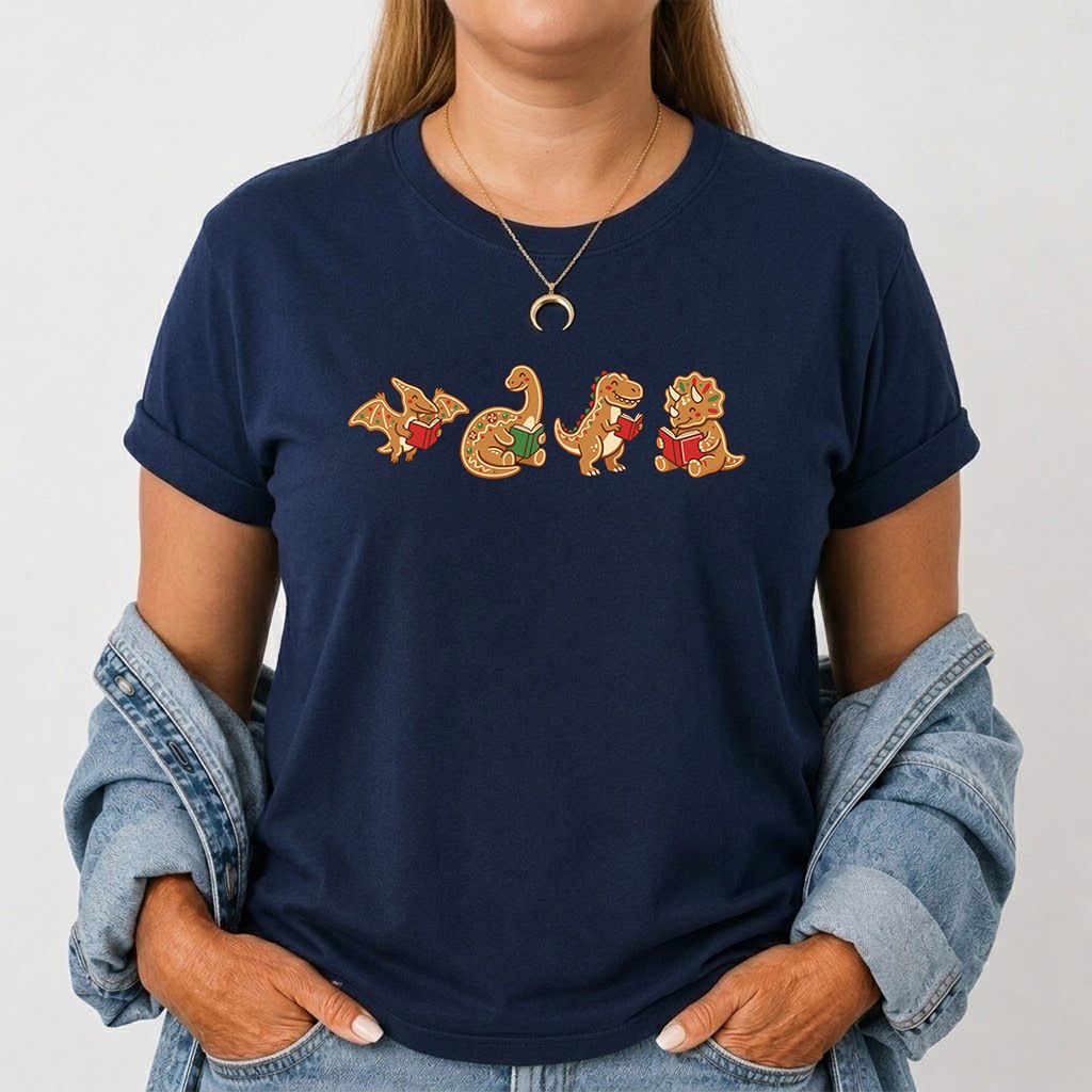 Four Gingerbread Dinosaur Reading Printed T-Shirt | Christmas Reading Gift Navy