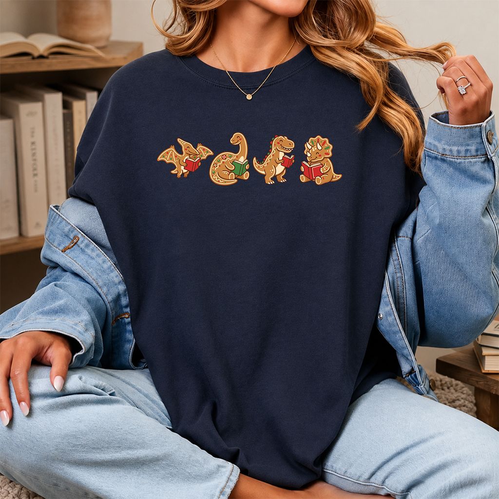 Four Gingerbread Dinosaur Reading Printed T-Shirt | Christmas Reading Gift Navy