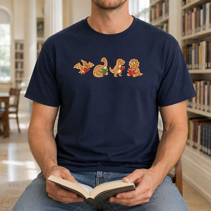 Four Gingerbread Dinosaur Reading Printed T-Shirt | Christmas Reading Gift Navy