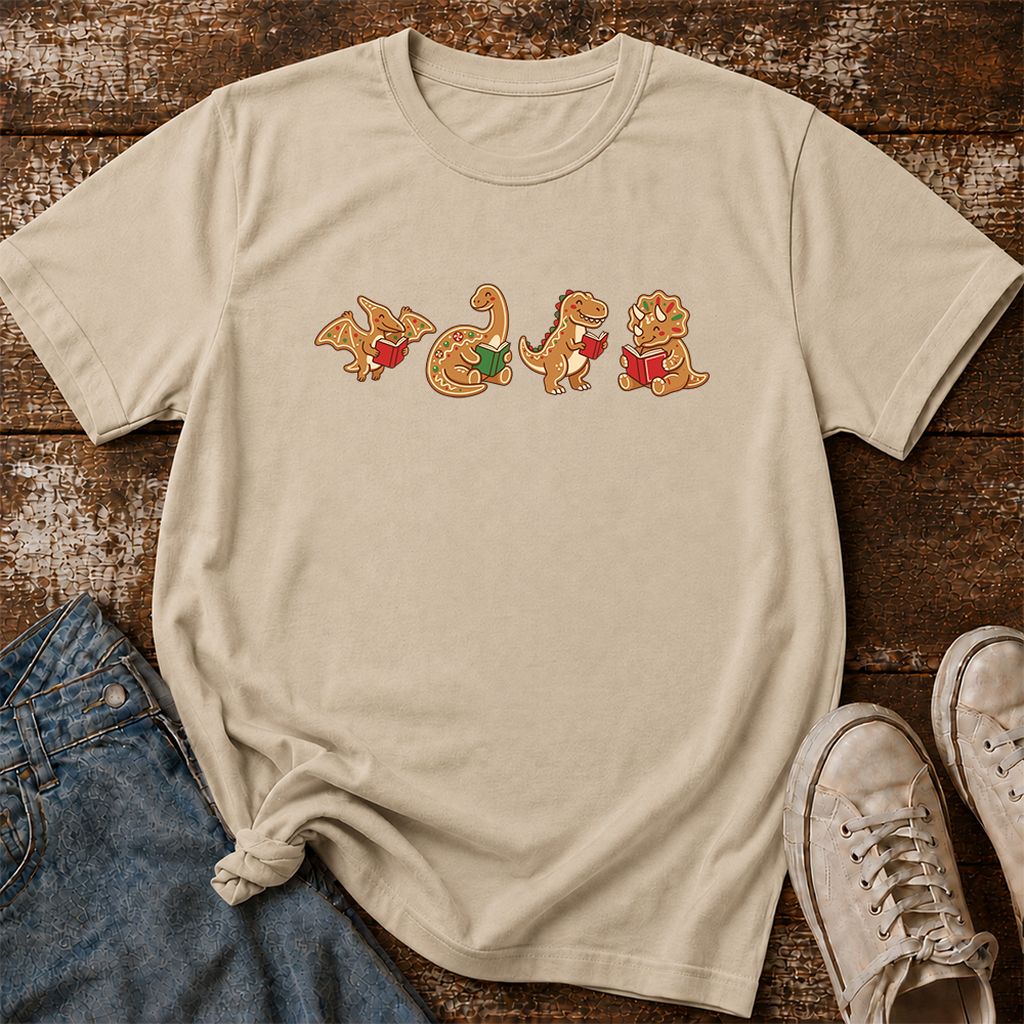 Four Gingerbread Dinosaur Reading Printed T-Shirt | Christmas Reading Gift Sand