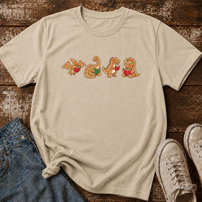 Four Gingerbread Dinosaur Reading Printed T-Shirt | Christmas Reading Gift Sand