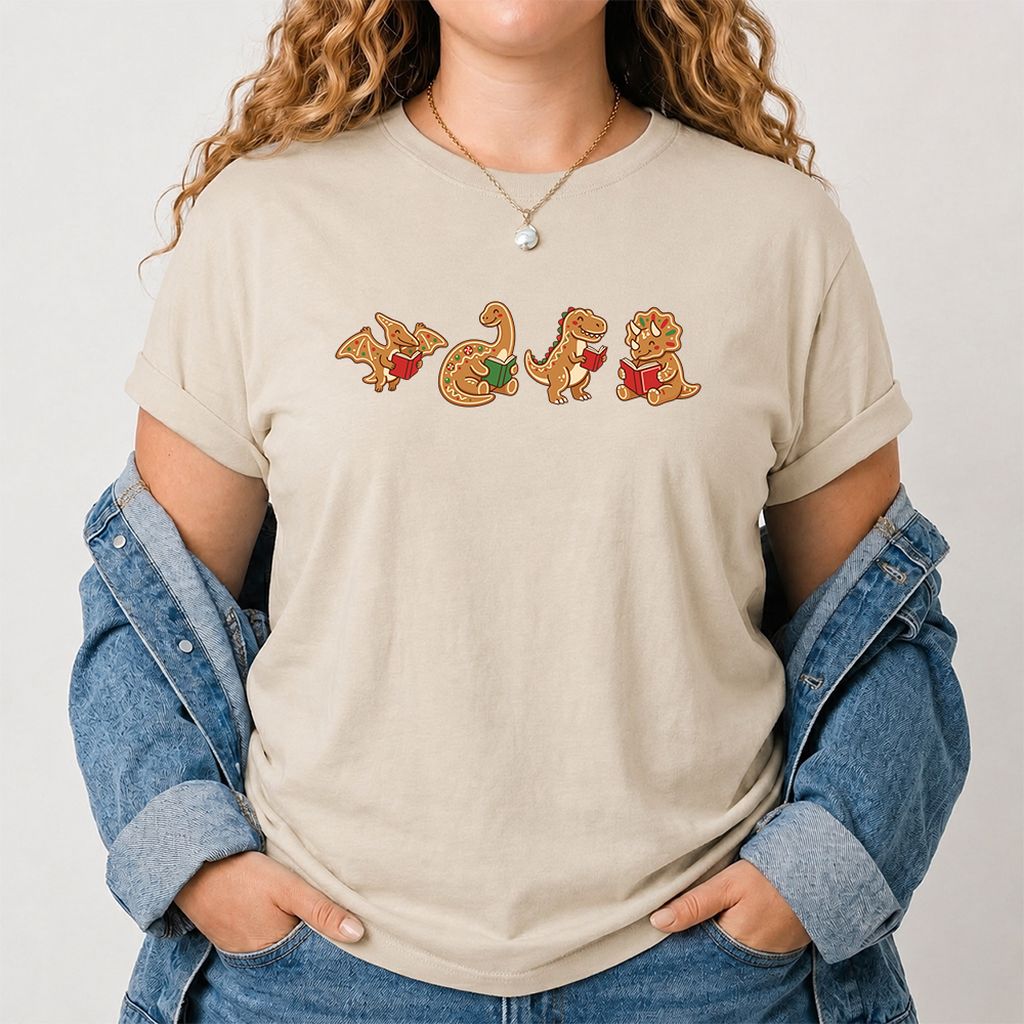 Four Gingerbread Dinosaur Reading Printed T-Shirt | Christmas Reading Gift Sand