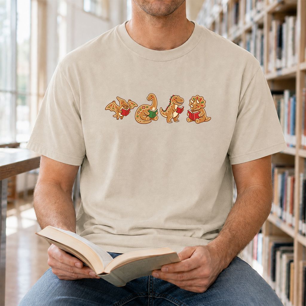 Four Gingerbread Dinosaur Reading Printed T-Shirt | Christmas Reading Gift Sand