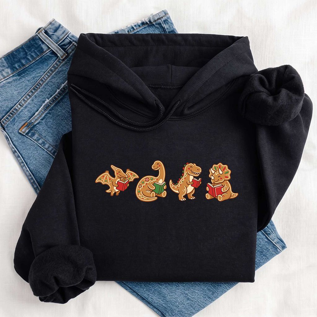 Four Gingerbread Dinosaur Reading Softstyle Hoodie | Christmas Reading Gift Black