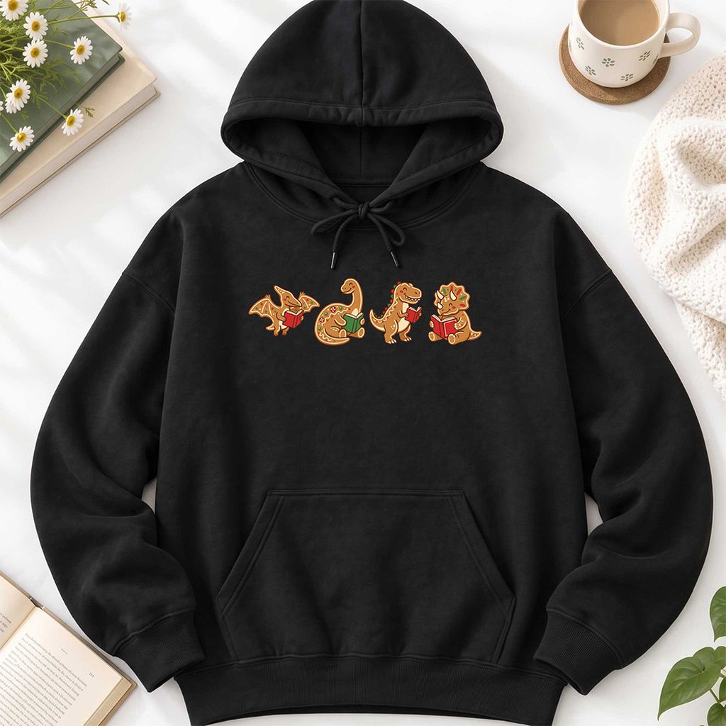 Four Gingerbread Dinosaur Reading Softstyle Hoodie | Christmas Reading Gift Black