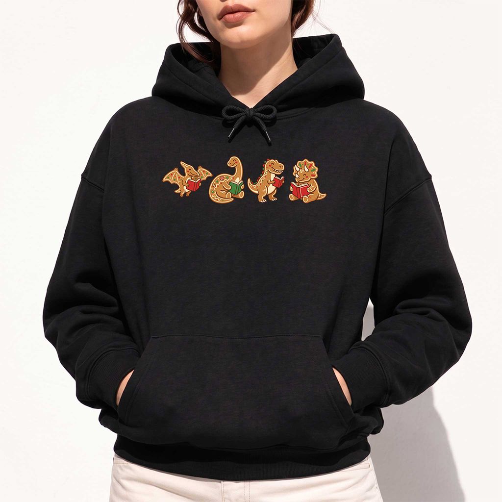 Four Gingerbread Dinosaur Reading Softstyle Hoodie | Christmas Reading Gift Black