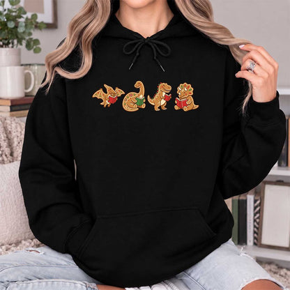 Four Gingerbread Dinosaur Reading Softstyle Hoodie | Christmas Reading Gift Black