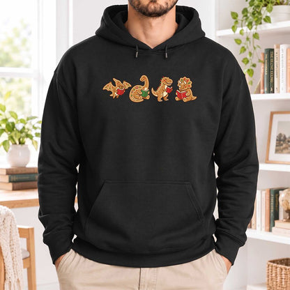 Four Gingerbread Dinosaur Reading Softstyle Hoodie | Christmas Reading Gift Black