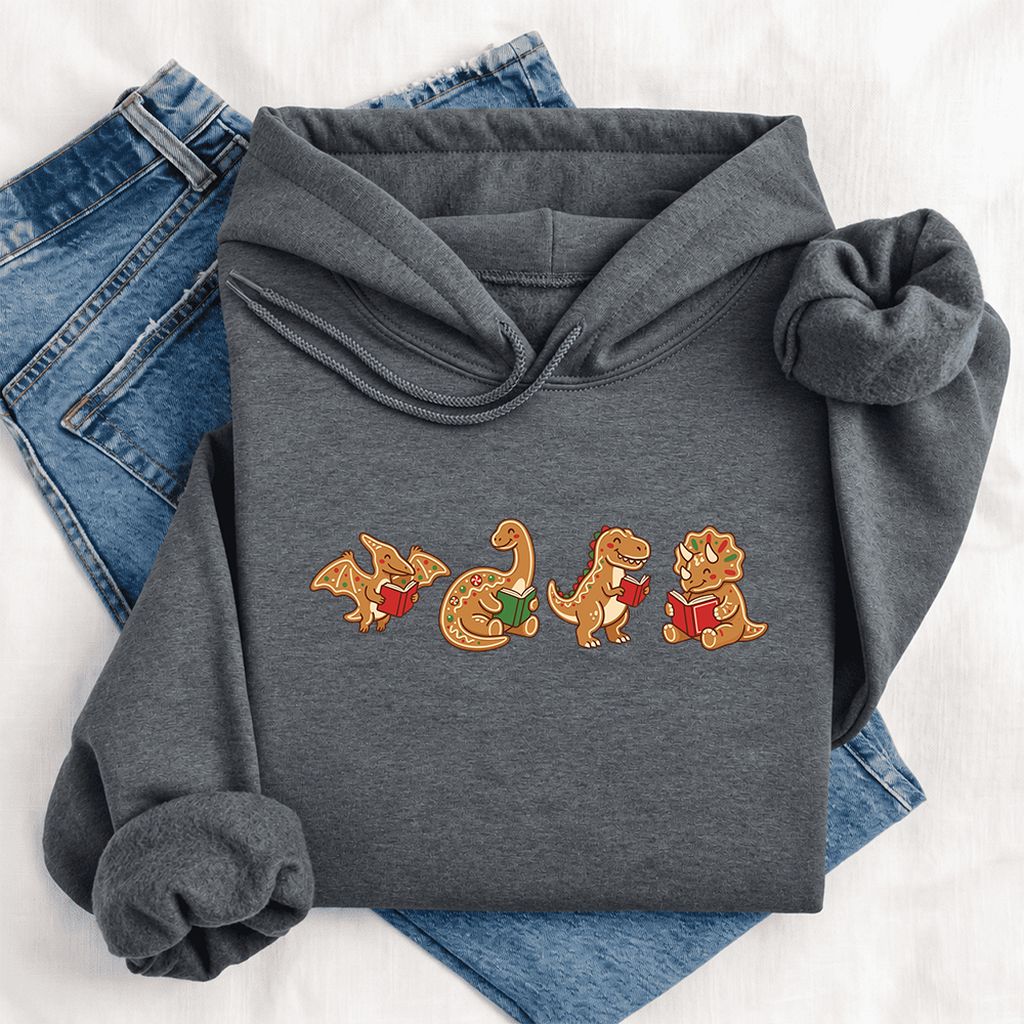 Four Gingerbread Dinosaur Reading Softstyle Hoodie | Christmas Reading Gift Dark Heather