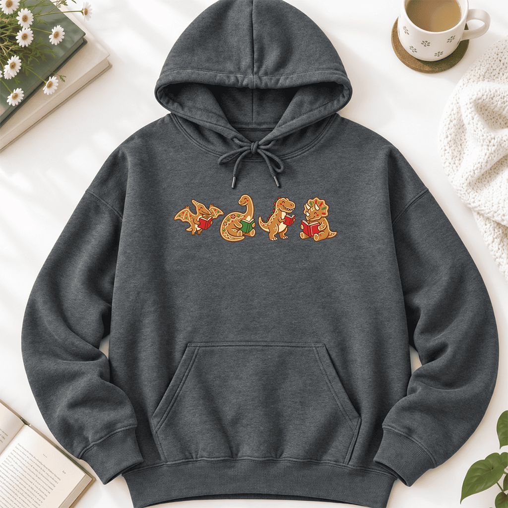 Four Gingerbread Dinosaur Reading Softstyle Hoodie | Christmas Reading Gift Dark Heather