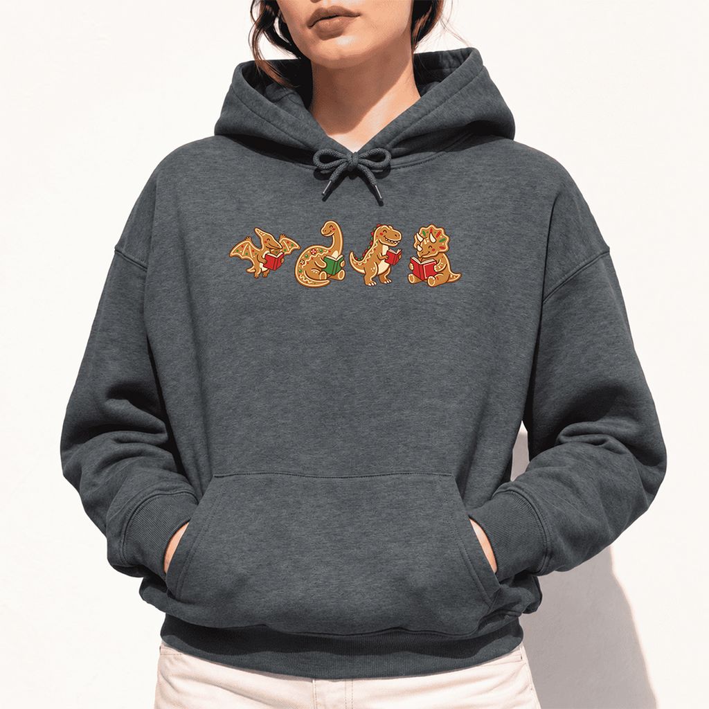 Four Gingerbread Dinosaur Reading Softstyle Hoodie | Christmas Reading Gift Dark Heather