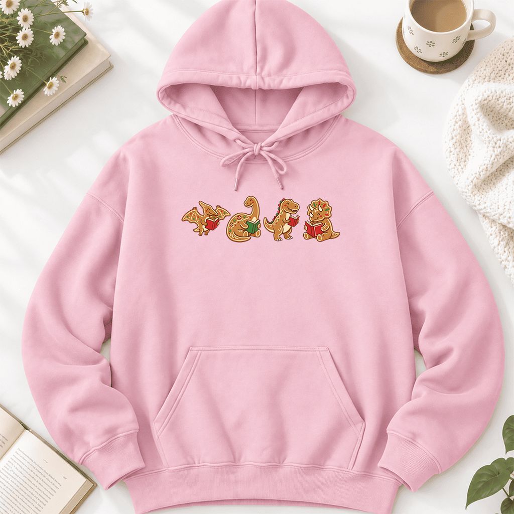 Four Gingerbread Dinosaur Reading Softstyle Hoodie | Christmas Reading Gift Light Pink