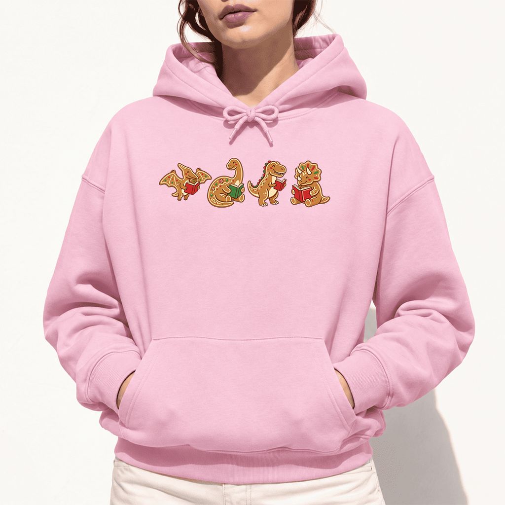 Four Gingerbread Dinosaur Reading Softstyle Hoodie | Christmas Reading Gift Light Pink