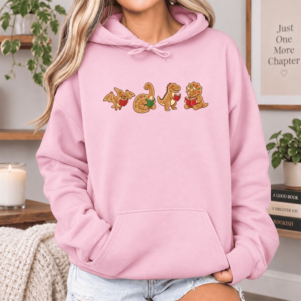 Four Gingerbread Dinosaur Reading Softstyle Hoodie | Christmas Reading Gift Light Pink