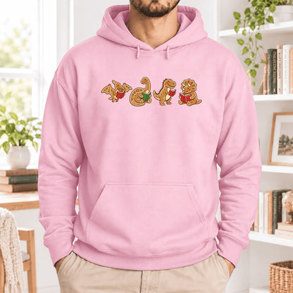 Four Gingerbread Dinosaur Reading Softstyle Hoodie | Christmas Reading Gift Light Pink
