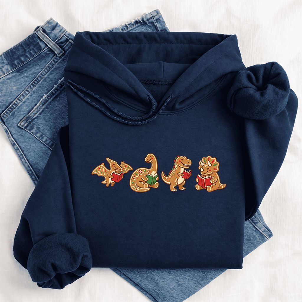 Four Gingerbread Dinosaur Reading Softstyle Hoodie | Christmas Reading Gift Navy
