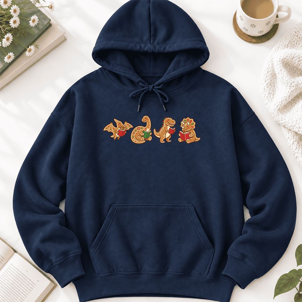 Four Gingerbread Dinosaur Reading Softstyle Hoodie | Christmas Reading Gift Navy