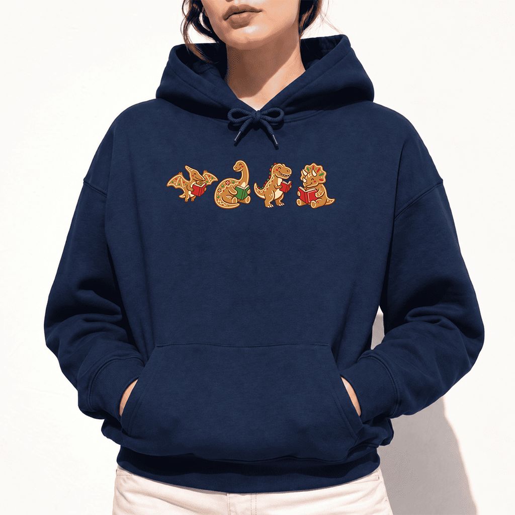Four Gingerbread Dinosaur Reading Softstyle Hoodie | Christmas Reading Gift Navy