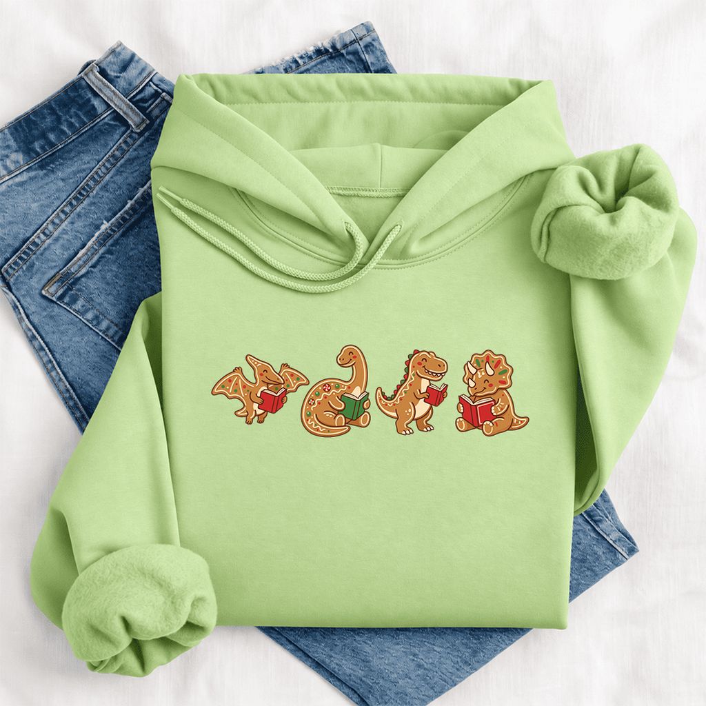 Four Gingerbread Dinosaur Reading Softstyle Hoodie | Christmas Reading Gift Pistachio