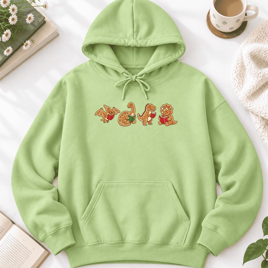 Four Gingerbread Dinosaur Reading Softstyle Hoodie | Christmas Reading Gift Pistachio