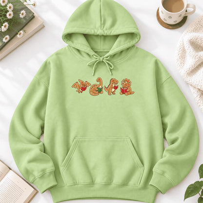 Four Gingerbread Dinosaur Reading Softstyle Hoodie | Christmas Reading Gift Pistachio