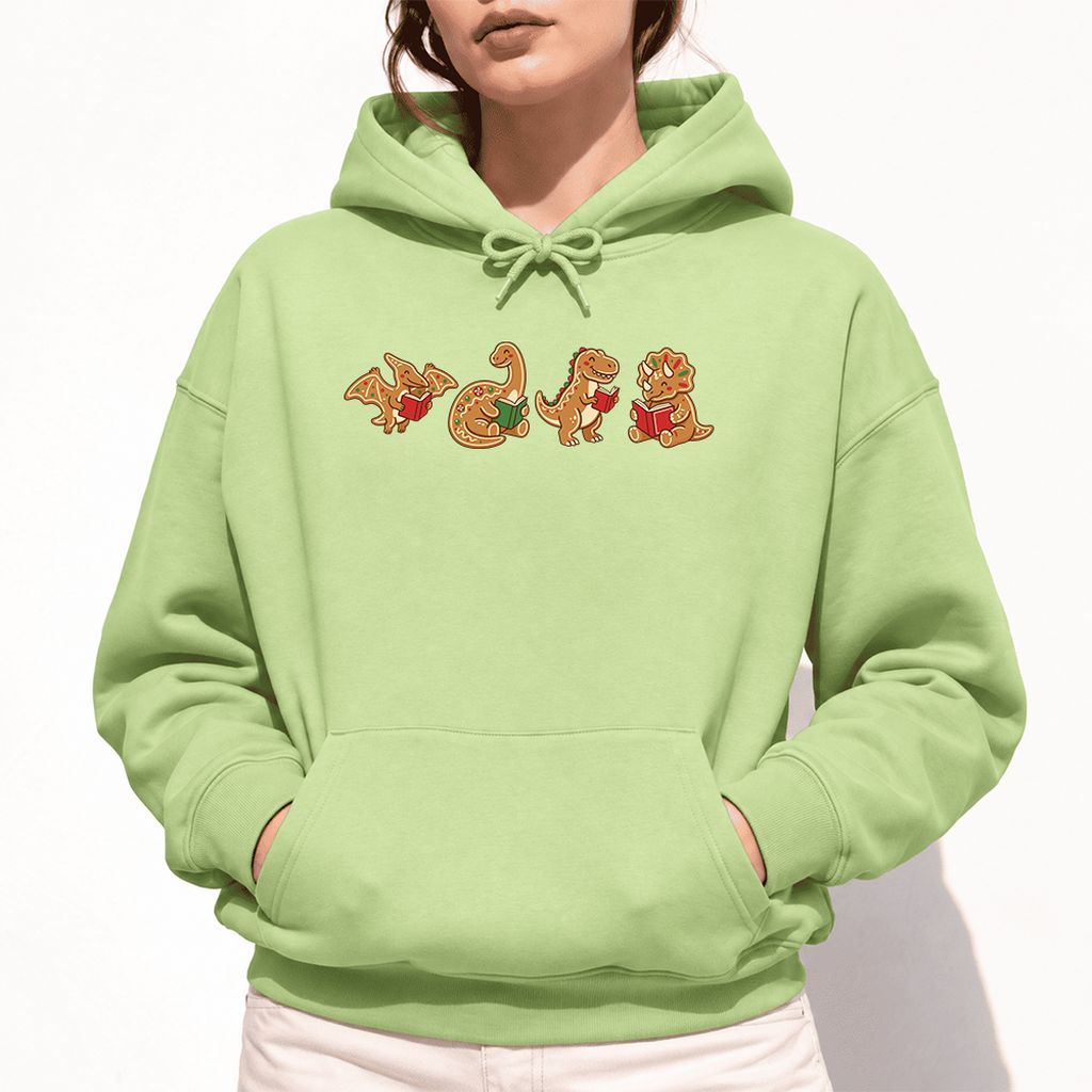Four Gingerbread Dinosaur Reading Softstyle Hoodie | Christmas Reading Gift Pistachio