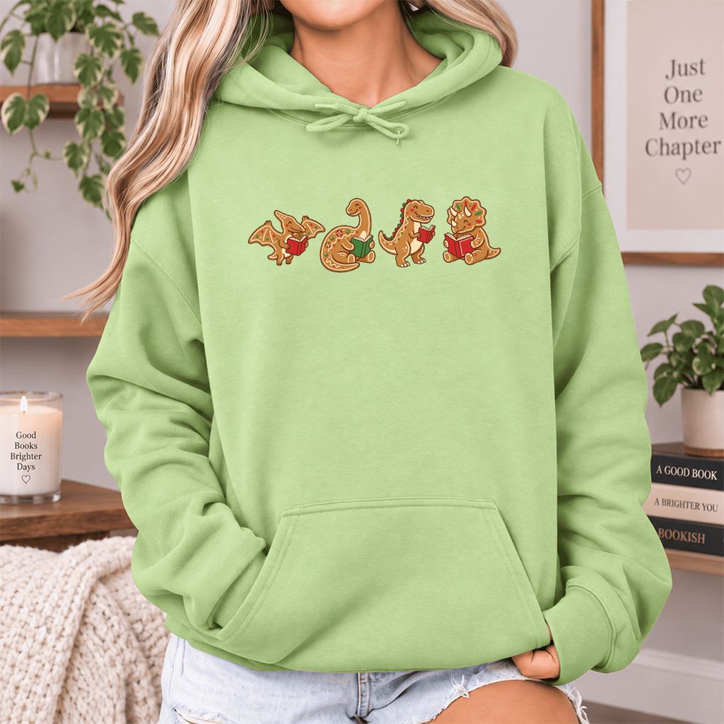 Four Gingerbread Dinosaur Reading Softstyle Hoodie | Christmas Reading Gift Pistachio