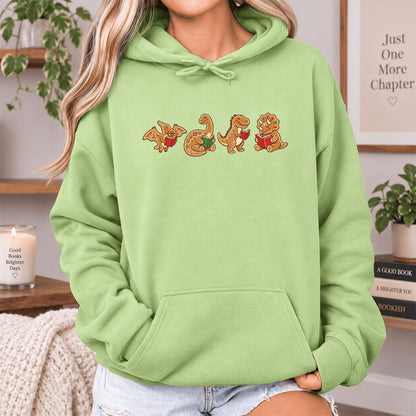 Four Gingerbread Dinosaur Reading Softstyle Hoodie | Christmas Reading Gift Pistachio