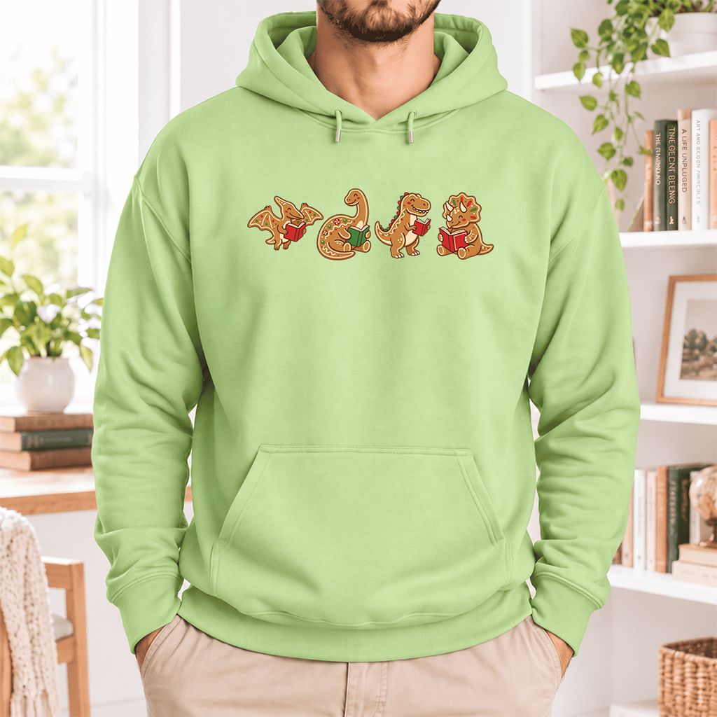 Four Gingerbread Dinosaur Reading Softstyle Hoodie | Christmas Reading Gift Pistachio