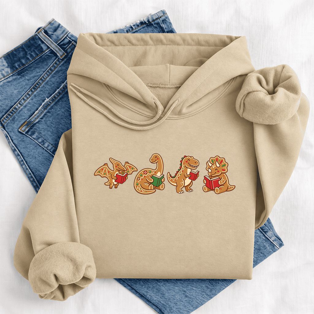 Four Gingerbread Dinosaur Reading Softstyle Hoodie | Christmas Reading Gift Sand