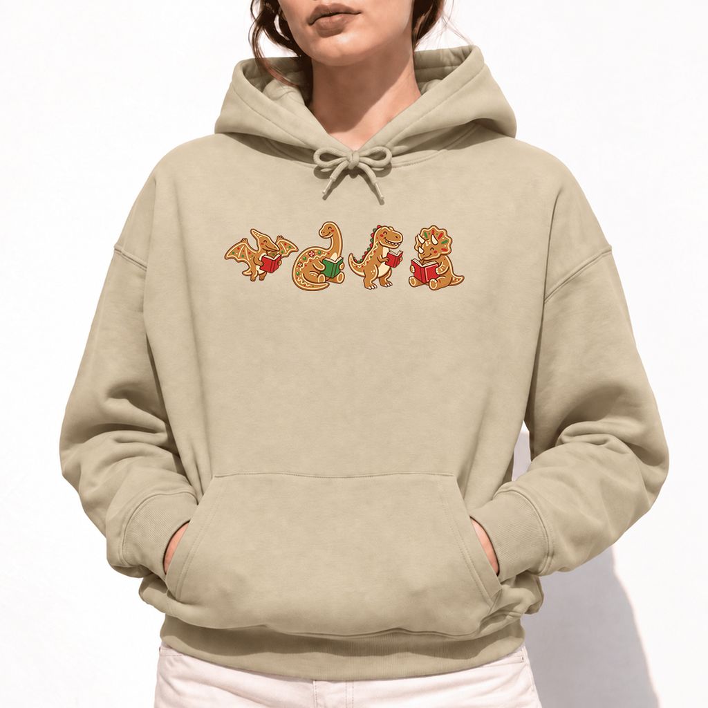 Four Gingerbread Dinosaur Reading Softstyle Hoodie | Christmas Reading Gift Sand